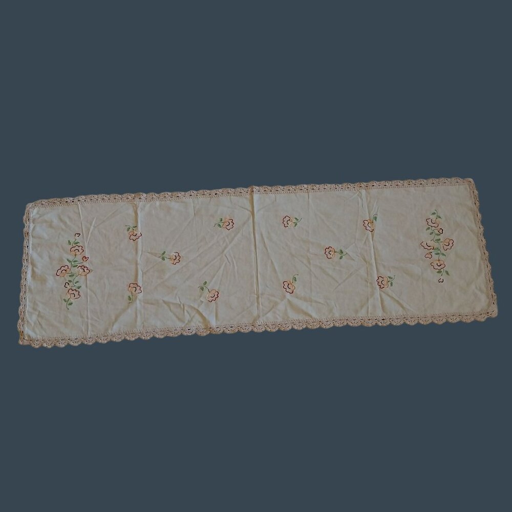 Embroidered Flowers Floral Table Runner Dresser Scarf With Crocheted Edges 57"